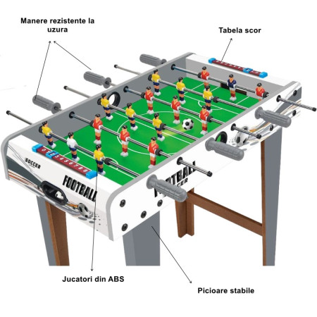 Masa de fotbal cu teren si 18 jucatori Flippy, 6 manere, cu Tablou Scor, din Metal, Lemn si ABS, 69 x 36.5 x 23 cm, cu Picioare, Design Multicolor, pentru copii/adulti