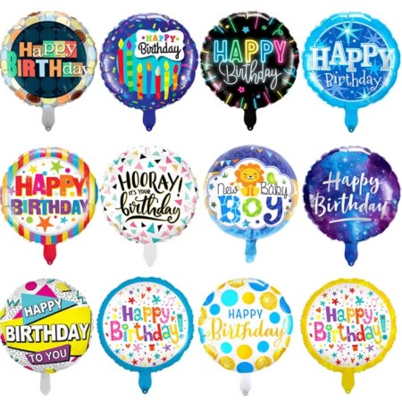 Balon din Folie Metalizata, Flippy, Mini Figurina Rotunda, Model Cer Instelat, Happy Birthday, Tematica Aniversare, 45 cm, Ambalaj Individual, Pai Inclus, Umflare cu Aer sau Heliu, Multicolor