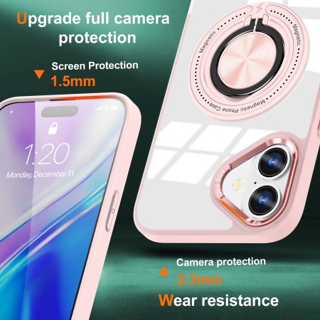 Husa de Protectie TPU, Flippy, pentru iPhone 16, Anticadere, cu Incarcare Wireless, Tehnologie Magsafe, Inel Magnetic Rotativ cu Functie de Suport, Transparent-Roz