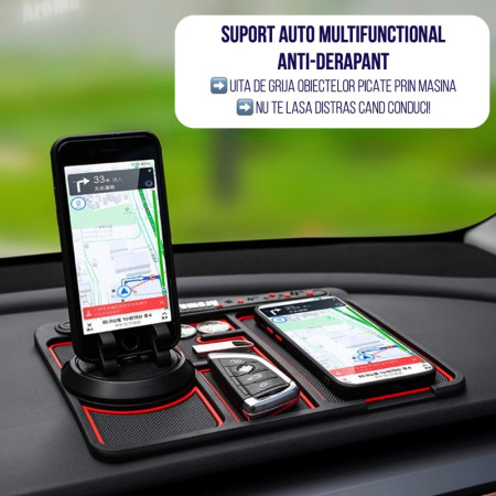 Covoras Pad/Suport Auto 4 in 1 Flippy, Anti alunecare Bord, Universal, Suport Auto Telefon, Tableta, Gps, Rotire 360 ° Multifuntional, Numar telefon, Aroma, Negru