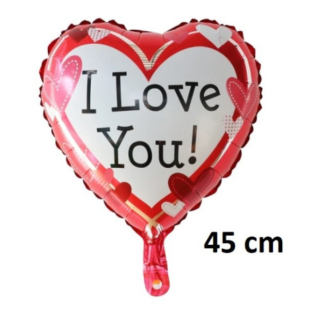 Balon din Folie Metalizata, Flippy, Figurina Inima, Model I Love You, Tema Ziua Indragostitilor, 45 cm, Ambalaj Individual, Pai Inclus, Umflare cu Aer sau Heliu, Rosu/Alb