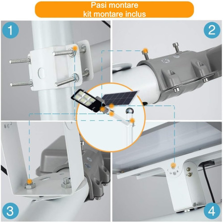 Lampa solara stradala Flippy, IP65, senzor de lumina, 417 LED-uri SMD, 24000 lm, 300W, autonomie 12-16 ore, telecomanda, montare prin fixare, pentru strada sau gradina, finisaj lucios, material ABS, 49.5 x 21 x 6.5 cm, lumina alb rece