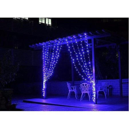 Instalatie Craciun, Tip Perdea, IP44, 4 m x 1 m, 240 LED-uri, Albastru, 8 jocuri de lumini, Transformator cu telecomanda, Interconectabila, Prelungitor 5 m inclus, Fir transparent, Interior/ Exterior, Flippy