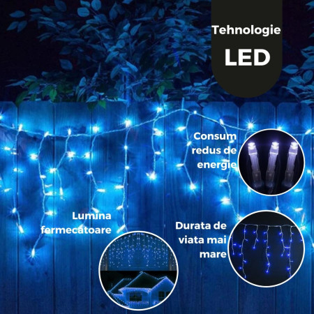 Instalatie Craciun Yoto, Tip Franjuri/Turturi, 12 m, 300 LED-uri, Prelungitor 1.5 m, 8 Jocuri de Lumini, Interconectabila, Conectare la Retea, Fir transparent, Interior/Exterior, Albastru