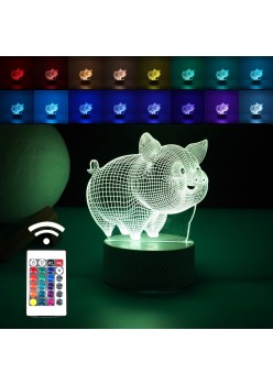 Lampa LED decorativa, Flippy, 3D, Porcusor Gras, din material acril si lumina multicolora, alb