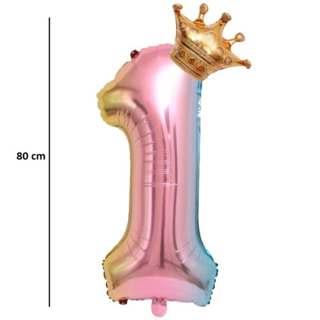 Balon din Folie Metalizata, Flippy, Figurina Cifra Gradient, Tema Aniversare 80 cm, Ambalaj Individual, Pai inclus, Umflare cu Aer sau Heliu, Coronita, Cifra 1