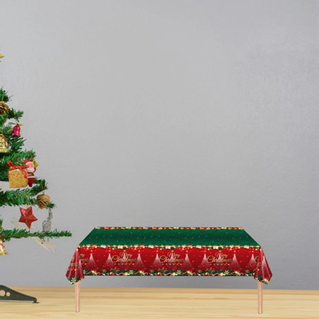 Fata de Masa Festiva, Flippy, Dreptunghiulara, Imprimeu Merry Christmas, Tema Craciun, Rezistenta la Apa, din PVC, 137 x 274 cm, Rosu/Verde