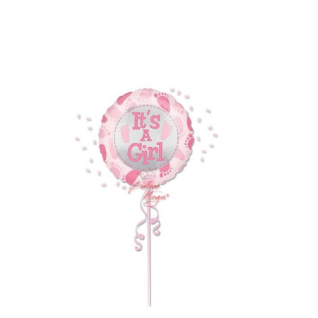 Balon din Folie Metalizata, Flippy, Figurina Rotunda, Model It's a Girl, Tema Gender Reveal, 45 cm, Ambalaj Individual, Pai Inclus, Umflare cu Aer sau Heliu, Roz