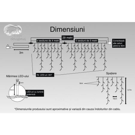 Instalatie Craciun, 29 m, 847 Led-uri ,Franjuri, Alb rece, Flash, Transformator, Interconectabila, Prelungitor 3 m inclus, Fir Negru, Flippy