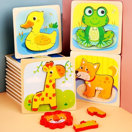 Puzzle Montessori din Lemn pentru Copii, Flippy, 3D, 0-3 Ani, Model Girafa, Educativ, Intuitiv, Creativ, 4 Piese, 15x15x0.5 cm, Multicolor