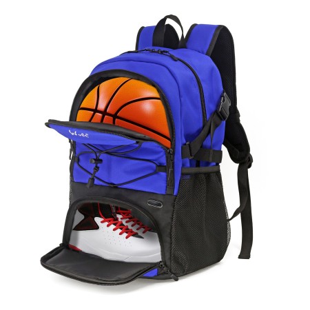 Rucsac de Baschet Multifunctional, Flippy, pentru Calatorie, Sport, Scoala, cu Compartiment pentru Pantofi si Minge, 32 Litri, 45x32x22 cm, Albastru-Negru