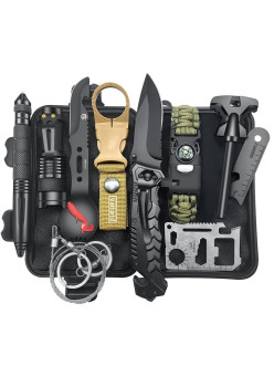 Kit supravietuire multifunctional 13 in 1 Flippy, Instrumente profesionale, agatatoare ghiozdan, pentru Camping, Drumetii, Aventuri in aer liber, borseta inclusa, model cutie, negru