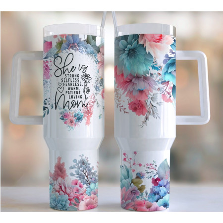 Cana Termos din Plastic, Flippy, pentru Bauturi Calde si Reci, cu Maner, Imprimeu Floral, cu Mesaj pentru Mama, Alb, 10x7.6x27.5 cm