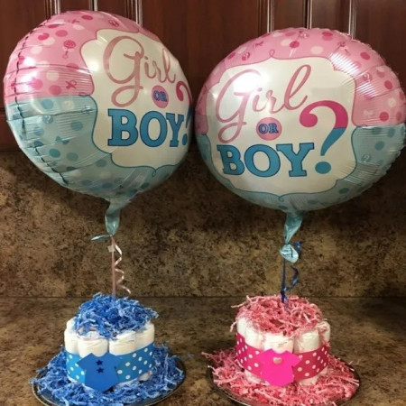 Balon din Folie Metalizata, Flippy, Figurina Rotunda, Model Girl or Boy, Tema Gender Reveal, 45 cm, Ambalaj Individual, Pai Inclus, Umflare cu Aer sau Heliu, Albastru/Roz