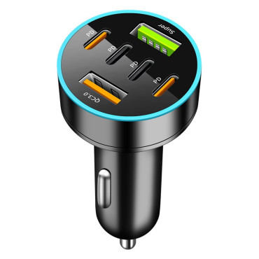 Incarcator Auto 6 in 1, Flippy, 2 x Port USB Fast Charge QC3.0 si 4 x Type C, PD 65W, Negru