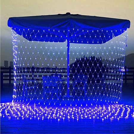 Instalatie Craciun, Tip Plasa, 1.5 m x 1.5 m, 120 LED-uri, Albastru, 8 jocuri de lumini, Transformator cu telecomanda, Interconectabila, Prelungitor 5 m inclus, Fir transparent, Flippy