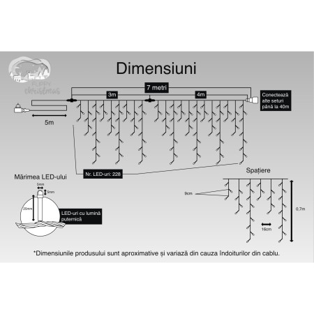 Instalatie Craciun, 7 m, 228 Led-uri ,Franjuri, Alb cald, Flash, Transformator cu telecomanda, Interconectabila, Prelungitor 5 m inclus, Fir Transparent, Flippy