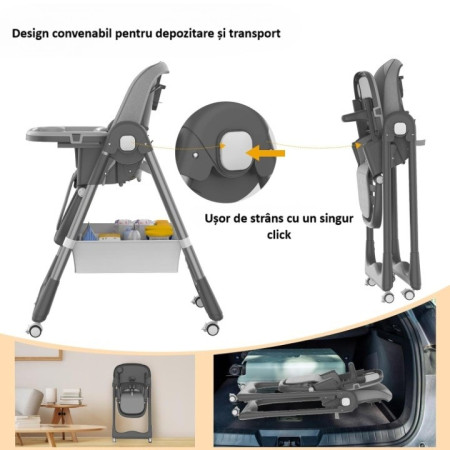 Scaun de Masa pentru Bebelusi si Copii, Flippy, 2 Tavite si Husa Detasabile, Multifuncțional, Stabil, Centura de Siguranta, Inaltime Ajustabila, Spatar Reglabil Moale, Cos de Depozitare, 100x50x80cm, de la 6 Luni, Gri