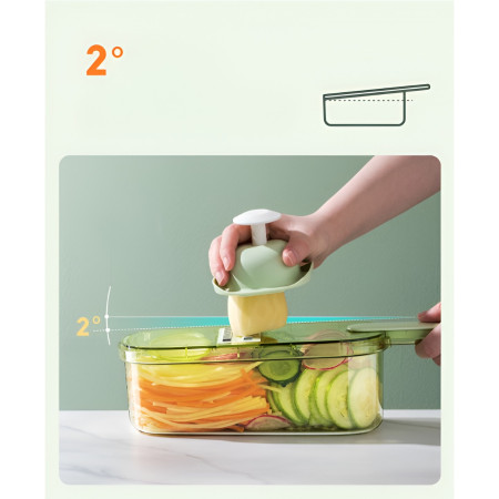 Feliator Multifunctional, Flippy, 6 in 1, pentru Fructe si Legume, 9 Piese, Maner, Lame de Inox, Recipient Stocare, Protectie Mana, ABS, 35x12x9.4 cm, Verde