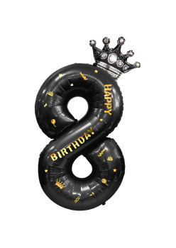 Balon din Folie Metalizata Flippy, Figurina Cifra si Coroana, Scris Happy Birthday, Tema Aniversare 100 cm, Ambalaj Individual, Pai inclus, Umflare cu Aer sau Heliu, Negru, Cifra 8