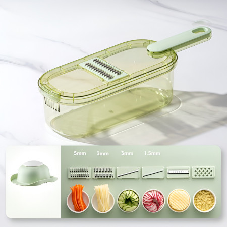 Feliator Multifunctional, Flippy, 6 in 1, pentru Fructe si Legume, 9 Piese, Maner, Lame de Inox, Recipient Stocare, Protectie Mana, ABS, 35x12x9.4 cm, Verde