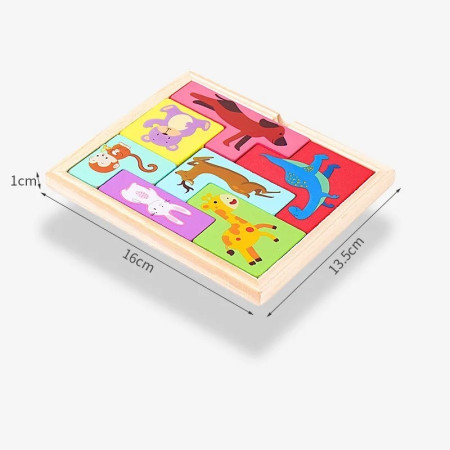 Puzzle din Lemn Flippy, Tip Tetris, +4 Ani, cu Animale Colorate 3D, 7 Piese, Multicolor