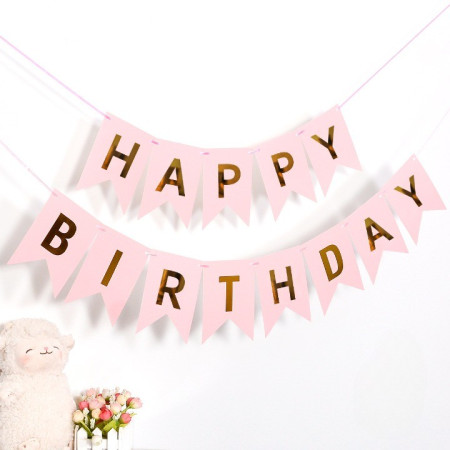 Banner Happy Birthday 100x200 cm, Flippy, Dimensiune Stegulet 11.5x16.5 cm, Rola de Ata Inclusa, Roz