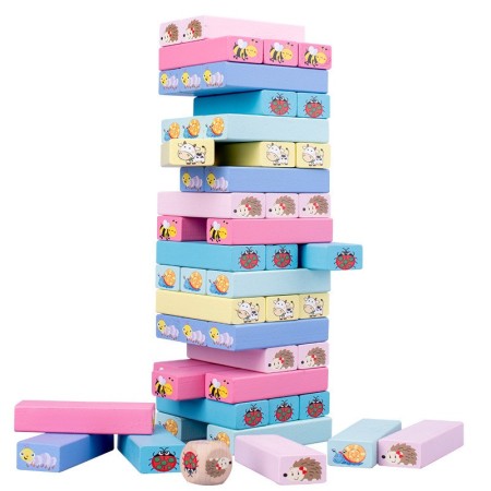 Joc de Societate, Flippy, pentru Copii, din Lemn, Interactiv, Distractiv, Jenga Stack High Blocks, cu Zar, 51 de Piese Animate, 24.5x18x5 cm, Multicolor