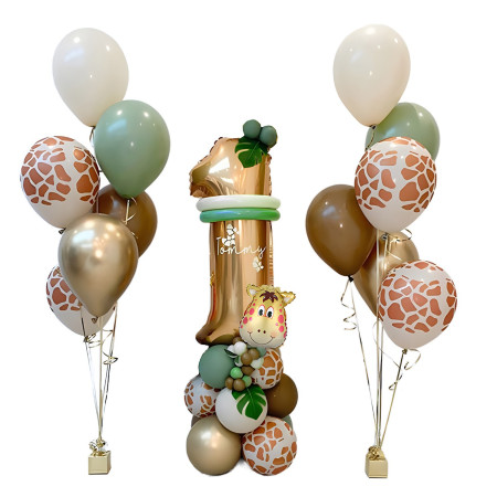 Set 30 Baloane Folie si Latex, Flippy, Tematica Prima Aniversare, Baloane Latex 30cm, 25cm, Figurina Girafa 32x34 cm, Frunza Palmier 15 cm, Cifra 1 76 cm, Multicolor