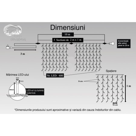 Instalatie Craciun, Tip Perdea, IP44, 10 m x 1 m, 600 LED-uri, Albastru, 8 jocuri de lumini, Transformator cu telecomanda, Interconectabila, Prelungitor 3 m inclus, Fir transparent, Interior/ Exterior, Flippy