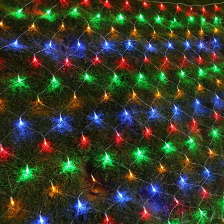 Instalatie Craciun, Tip Plasa, 1.5 m x 1.5 m, 120 LED-uri, Multicolor, 8 jocuri de lumini, Transformator cu telecomanda, Interconectabila, Prelungitor 5 m inclus, Fir transparent, Flippy