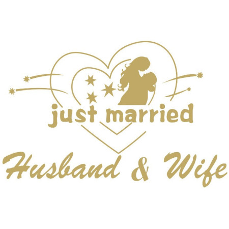 Sticker Autocolant, Flippy, Tematica Nunta, Model Indragostiti, cu Scris Just Married Husband&Wife, 21x29 cm, Auriu