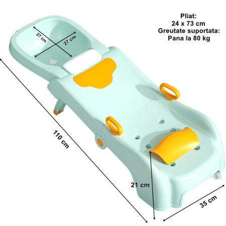 Suport Pliabil pentru Spalat Parul Flippy, Pentru Copii, cu Scurgere, cu Picioare Antialunecare, Material Polipropilena, Suport Cap Reglabil, cu Manere, 110 x 35 x 21 cm, Verde