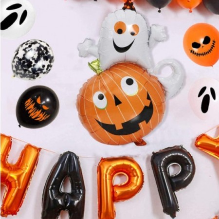 Set 5 Baloane din Folie Metalizata, Flippy, Figurine, Tema Halloween, Pai Inclus, Ambalaj Individual, Umflare cu Aer sau Heliu, Figurina Dovleac cu Fantoma 64x80 cm, Stelute si Cerculete 45 cm, Multicolor