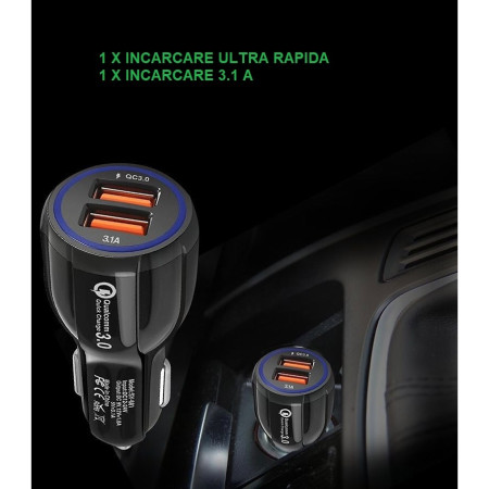 Incarcator Auto, Flippy, Pentru Bricheta, Incarcare Rapida, Interfata USB, 12V-24V, Negru