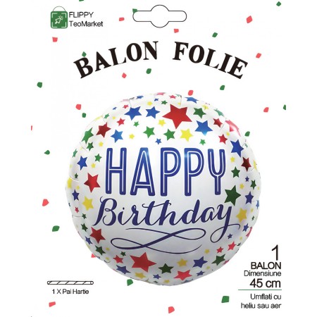 Balon din Folie Metalizata, Flippy, Mini Figurina Rotunda, Model Happy Birthday, Tema Aniversare, 45 cm, Ambalaj Individual, Pai inclus, Umflare cu Aer sau Heliu, Multicolor