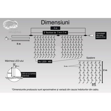 Instalatie Craciun, Tip Perdea, IP44, 4 m x 2 m, 480 LED-uri, Albastru, 8 jocuri de lumini, Transformator, Interconectabila, Prelungitor 5 m inclus, Fir transparent, Interior/ Exterior, Flippy