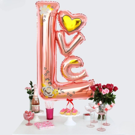 Balon din Folie Metalizata, Flippy, Figurine, Model LOVE, Tematica Iubire, 110x64 cm, Ambalaj Individual, Pai Inclus, Umflare cu Aer sau Heliu, Roz