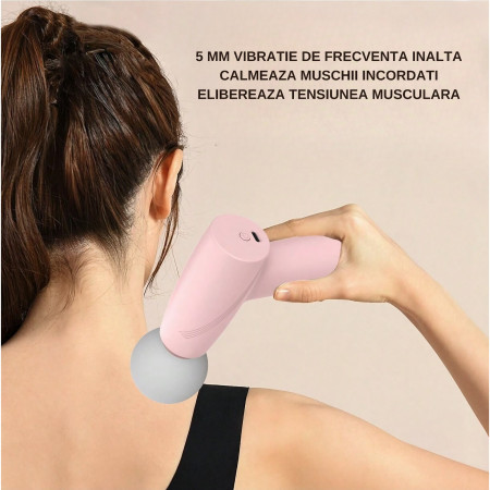 Mini Aparat de Masaj, Flippy, Tip Pistol, Incarcare USB Tip C, Portabil, Pentru Relaxare Musculara, Autonomie 120 Min, 3 Trepte de Viteza, Roz