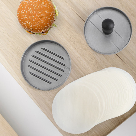 Presa manuala pentru burgeri Flippy, material ABS si aluminiu, forma si presa, usor de curatat si folosit, 11.7 x 8.5 cm, gri