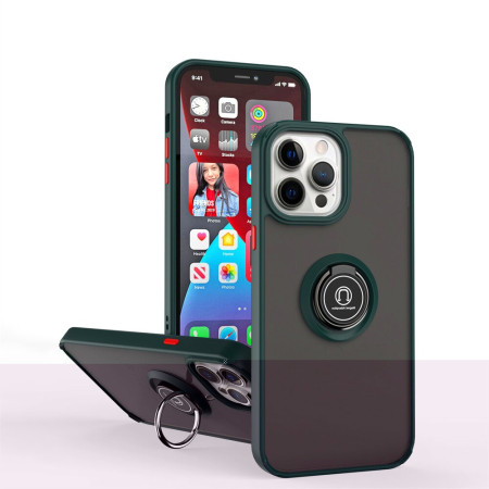 Husa Anti Fall Metal Bracket pentru Apple iPhone 14 Pro Max, Rezistenta la socuri, Margini colorate, Cu inel de prindere magnetic, Flippy, Verde