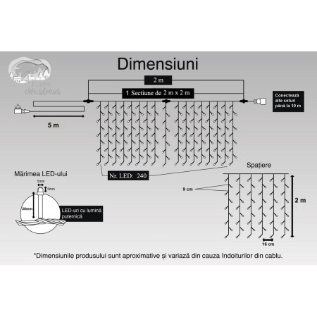 Instalatie Craciun, Tip Perdea, IP44, 2 m x 2 m, 240 LED-uri, Alb rece, 8 jocuri de lumini, Transformator, Interconectabila, Prelungitor 5 m inclus, Fir transparent, Interior/ Exterior, Flippy