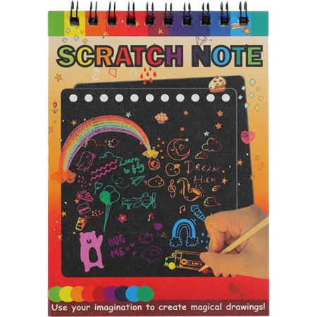 Caiet cu fise razuibile Flippy, DIY Magic Scratch, 12 File, Curcubeu, Creion din Lemn, Cartonase negre, 14 x 10 cm, galben