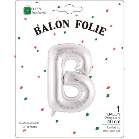 Balon Folie Metalizata Litera B, Flippy, 40 cm, Umflati cu Heliu sau Aer, Ambalaj Individual, Pai inclus, Argintiu