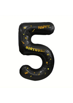 Balon din Folie Metalizata Flippy, Figurina Cifra, Scris Happy Birthday, Tema Aniversare 100 cm, Ambalaj Individual, Pai inclus, Umflare cu Aer sau Heliu, Negru, Cifra 5