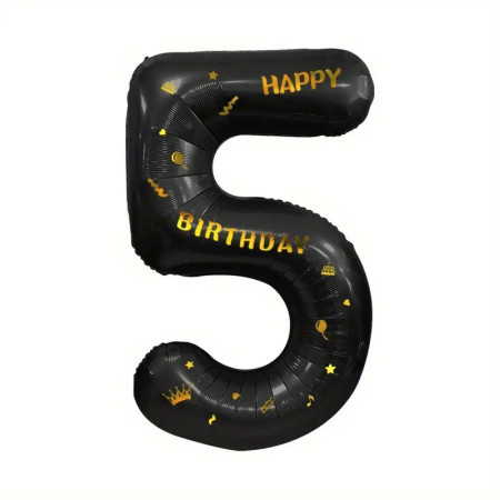 Balon din Folie Metalizata Flippy, Figurina Cifra, Scris Happy Birthday, Tema Aniversare 100 cm, Ambalaj Individual, Pai inclus, Umflare cu Aer sau Heliu, Negru, Cifra 5