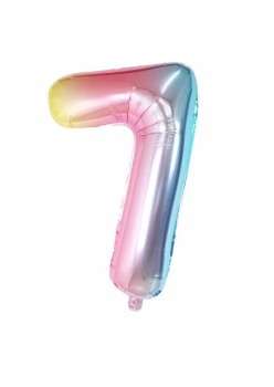 Balon din Folie Metalizata Flippy, Figurina Cifra, Tema Aniversare 40 cm, Ambalaj Individual, Pai inclus, Umflare cu Aer sau Heliu, Multicolor, Cifra 7