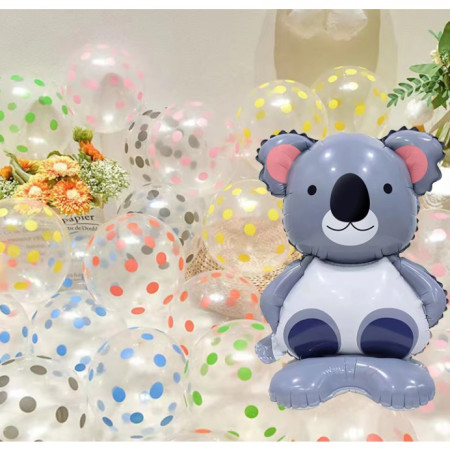 Balon din Folie Metalizata, Flippy, Mini Figurine Animalute, Model Koala, Tematica Aniversare, 38x58 cm, Ambalaj Individual, Pai Inclus, Umflare cu Aer sau Heliu, Multicolor