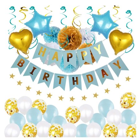 Banner Happy Birthday 100x200 cm, Flippy, Dimensiune Stegulet 11.5x16.5 cm, Rola de Ata Inclusa, Albastru