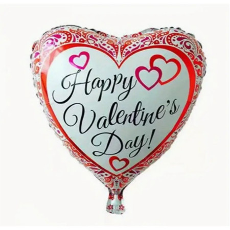 Balon din Folie Metalizata, Flippy, Figurina Inimioara, Model Happy Valentine's Day, Tematica Iubire, 45 cm, Ambalaj Individual, Pai Inclus, Umflare cu Aer sau Heliu, Rosu